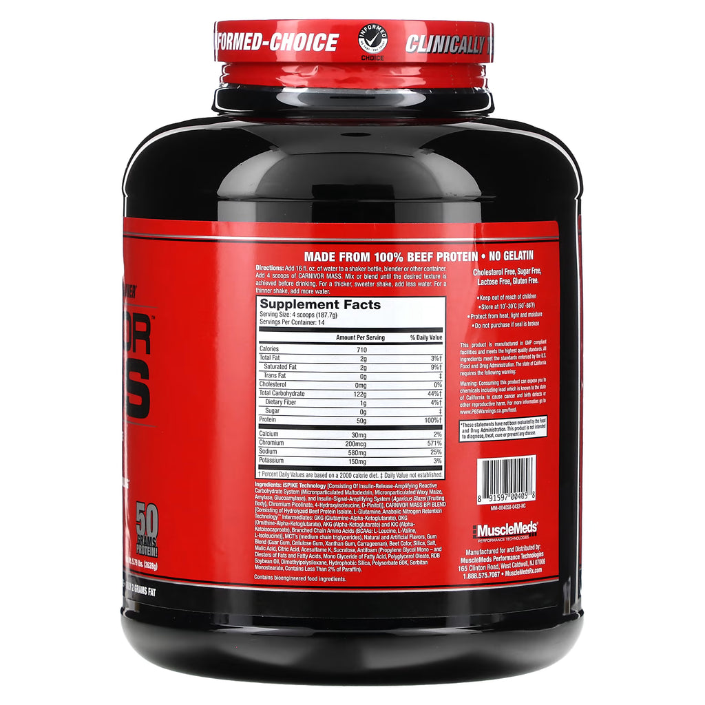 CARNIVOR MASS 6 LB MuscleMeds, Suplemento para el desarrollo de masa muscular de proteína de carne de res anabólica, 2698 g