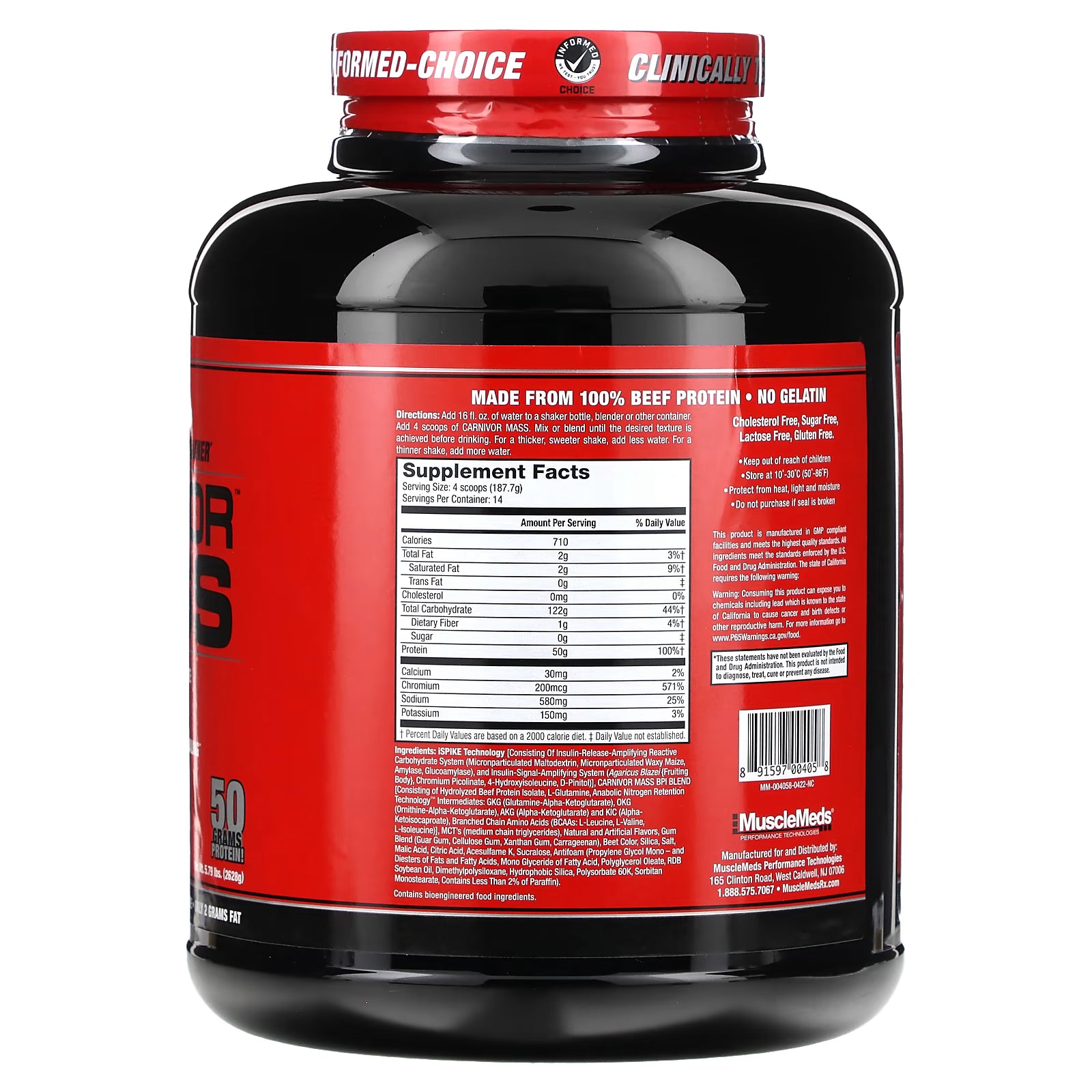 CARNIVOR MASS 6 LB MuscleMeds, Suplemento para el desarrollo de masa muscular de proteína de carne de res anabólica, 2698 g