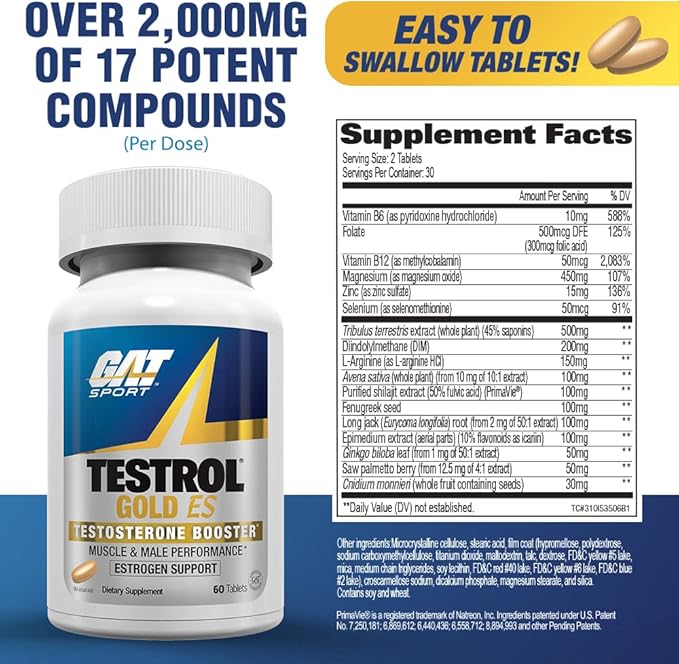 TESTROL GOLD GAT SPORT 60 TABLETAS PRECURSOR DE TESTOSTERONA Tribulus, DIM, Zinc, Longjack, Alholva, Saw Palmetto, equilibrio de estrógeno