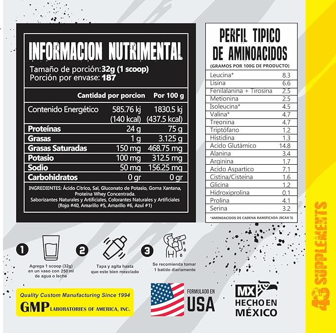 43 ZERO 13LB (6 KG) Proteína Zero Hidrolizada 6 Kg Cero Azúcar Cero Carbohidratos
