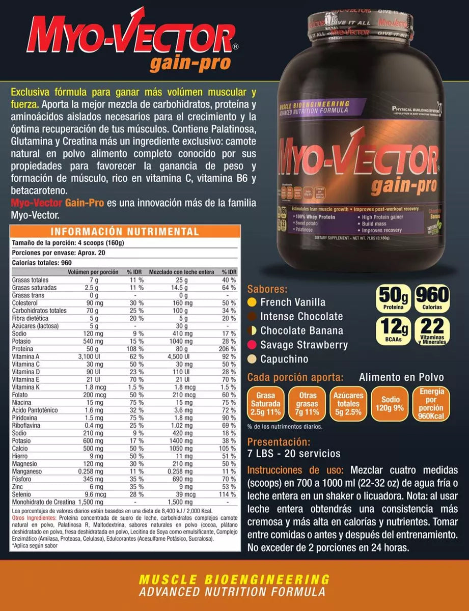 GAIN PRO 7 LB MYO VECTOR PROTEÍNA EN POLVO GANADORA Suplemento para Ganar Masa Muscular y Recuperación