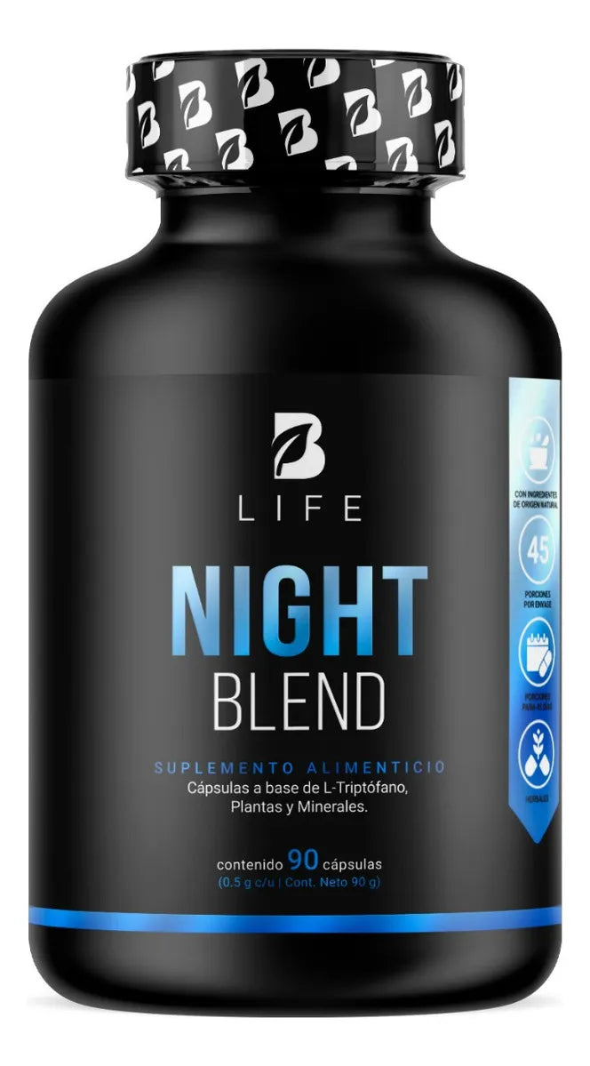 Night Blend B Life Mezcla de Gaba, Reishi y Otros 90 CÁPSULAS Mezcla de Triptófano, Gaba, Teanina y Reishi 1000 mg por porción. Ingredientes Naturales.