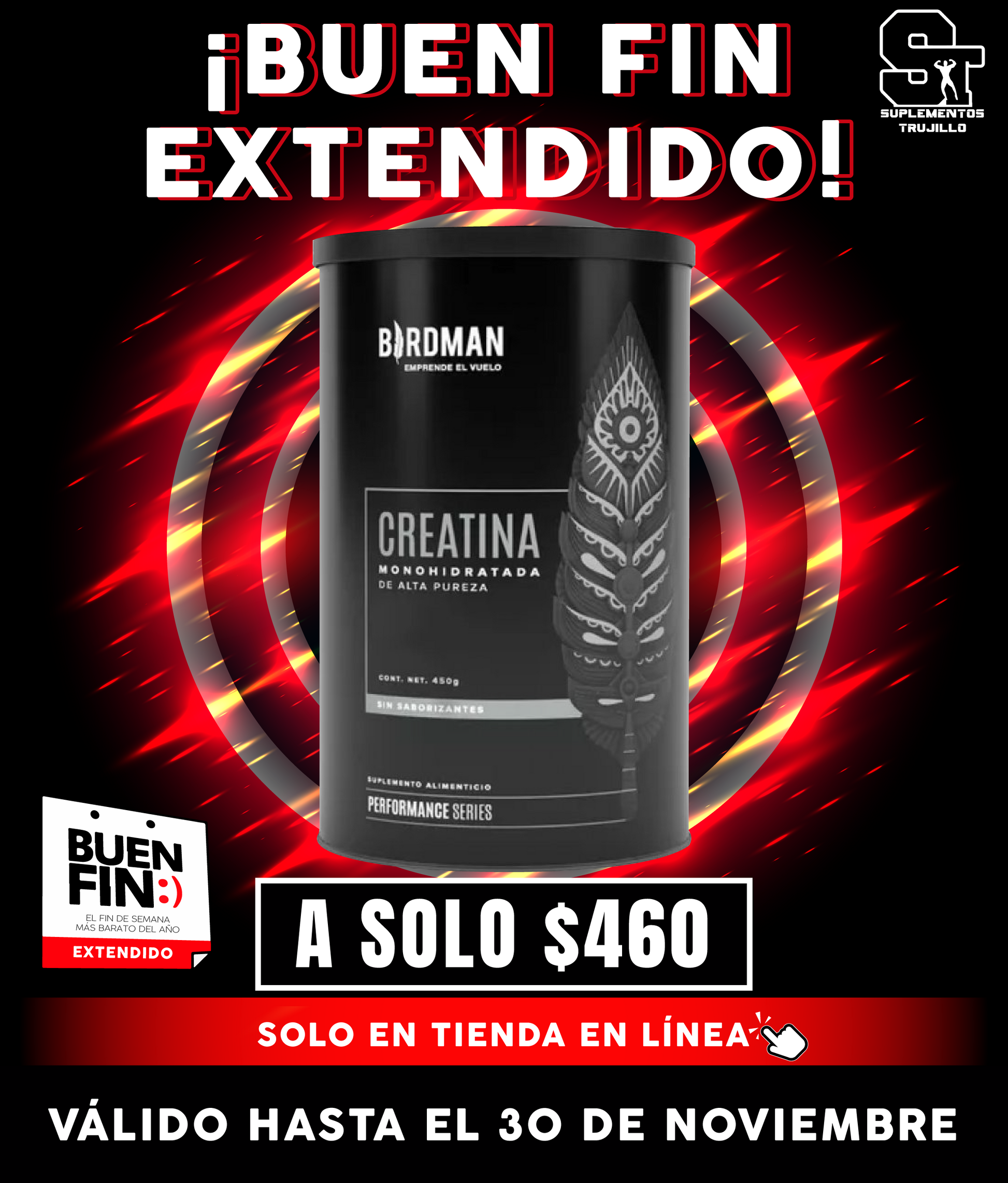 CREATINA BIRDMAN MONOHIDRATADA 90 SERVICIOS 450G - En Polvo de Alta Pureza 90 servicios 450g Sabor Natural
