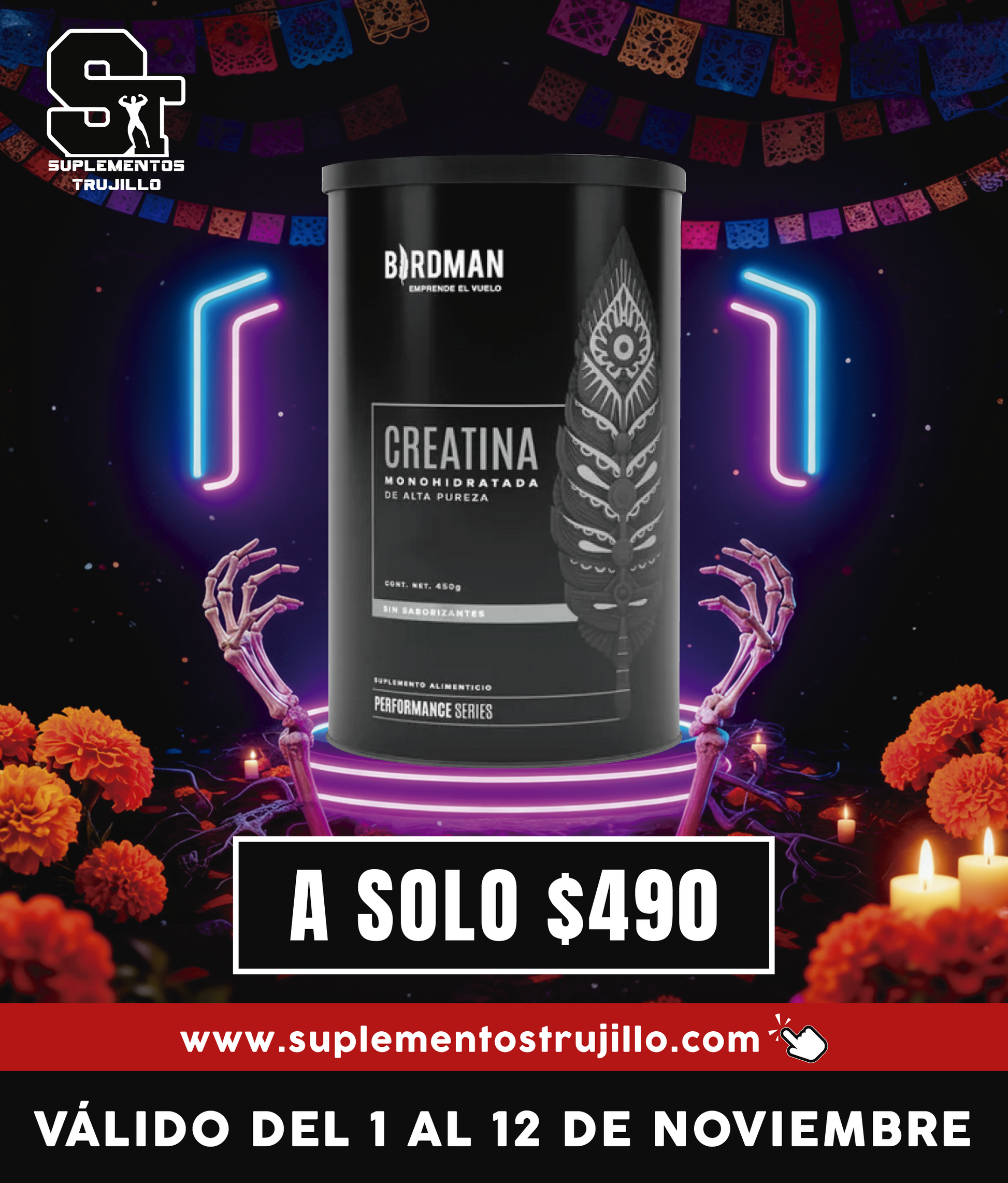 CREATINA BIRDMAN MONOHIDRATADA 90 SERVICIOS 450G - En Polvo de Alta Pureza 90 servicios 450g Sabor Natural