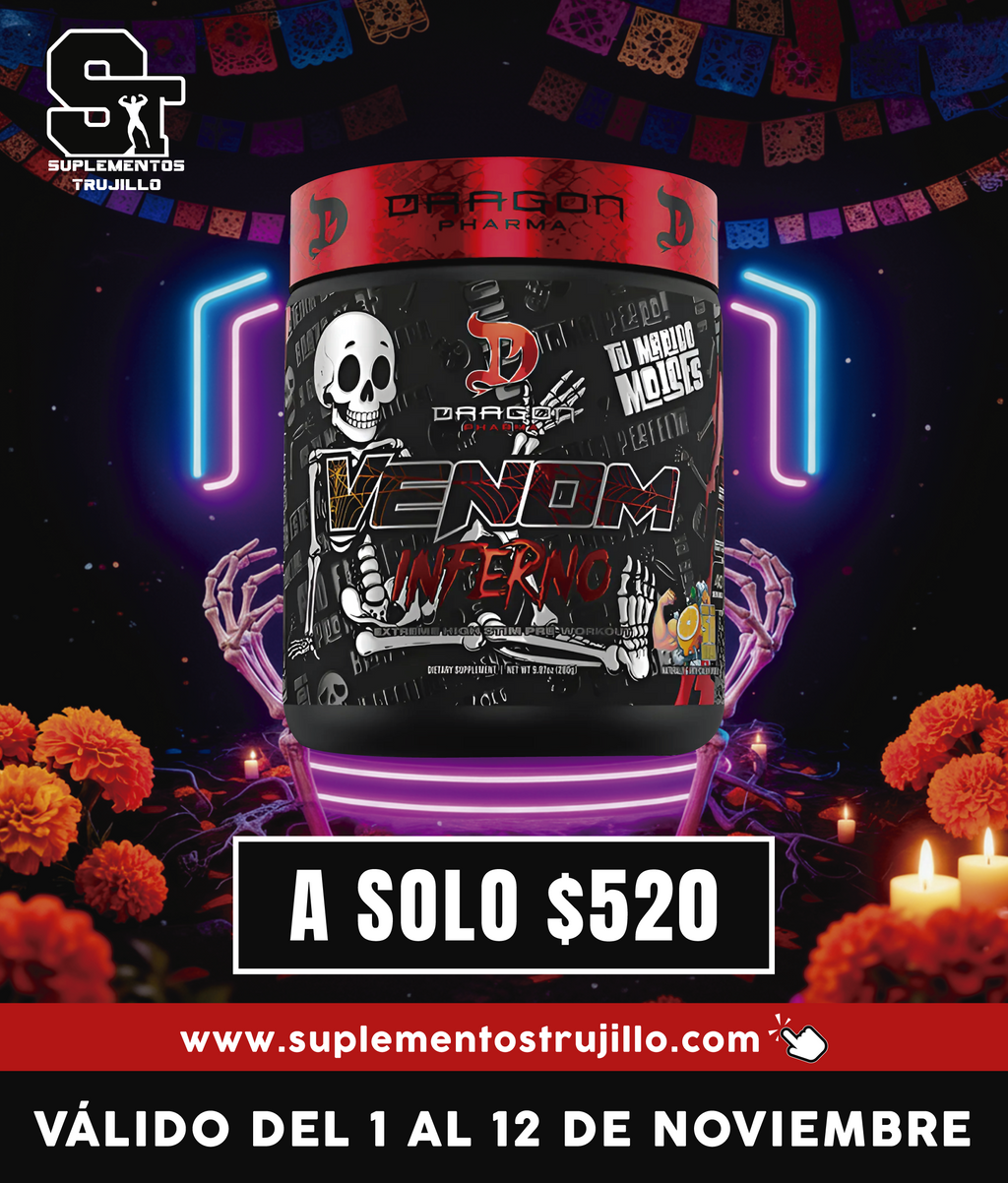 VENOM INFERNO PREWORKOUT 40 SERVICIOS DRAGON PHARMA ENERGÍA ENFOQUE Y BOMBEO MUSCULAR