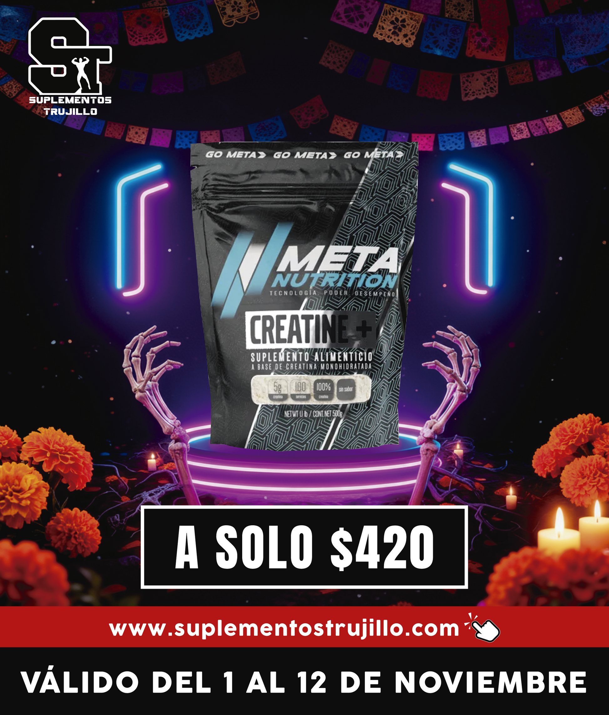 CREATINA META NUTRITION 100 SERVICIOS 500G Creatina Monohidratada En Polvo De Alta Pureza Sin Sabor