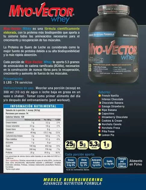 WHEY 5 LB MYO VECTOR MYO-VECTOR Myo Vector Whey, 100% Suero de leche, Mezcla de proteínas, Baja en carbohidratos, 5 Lbs
