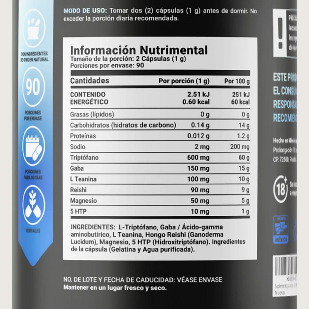 Night Blend B Life Mezcla de Gaba, Reishi y Otros 90 CÁPSULAS Mezcla de Triptófano, Gaba, Teanina y Reishi 1000 mg por porción. Ingredientes Naturales.